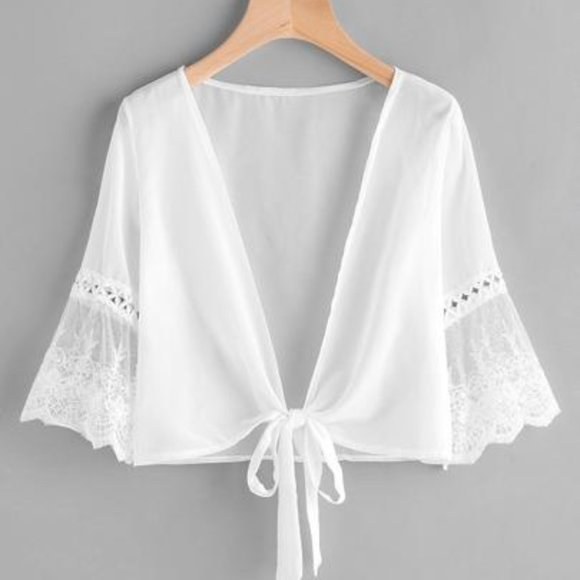 EMBROIDERED MESH FLUTED SLEEVE SELF TIE CHIFFON - Picture 1 of 1